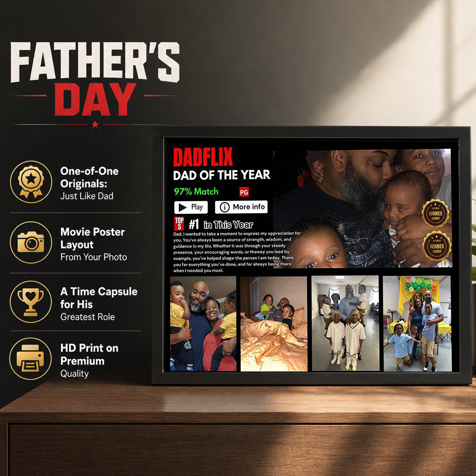 Editable Father's Day Gifts, A Fathers Love, Best Dad Ever, Dadflix Movie Photo Frame