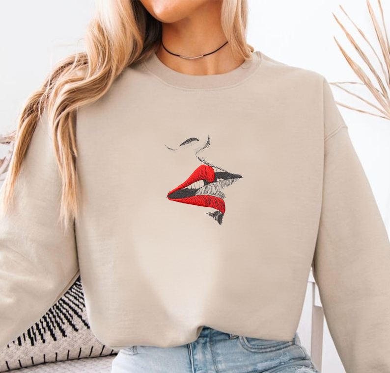 Couple Kissing Pattern Embroidered Sweatshirt, Love-Themed Embroidered Hoodie