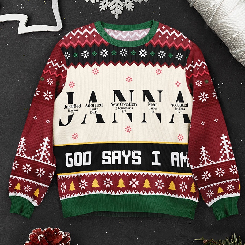 Personalized Ugly Sweater Christmas Gift; God Said I Am A Letter Of A Name In The Bible; Christian Christmas Gift.