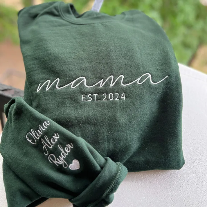 Custom Embroidered Mama Sweatshirt with Date and Kids Names on Sleeve