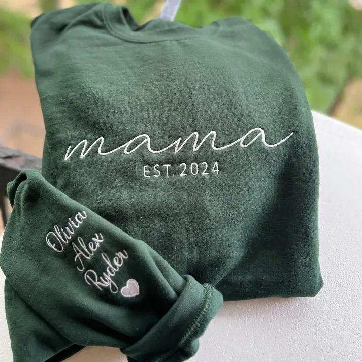 Custom Embroidered Mama Sweatshirt with Date and Kids Names on Sleeve