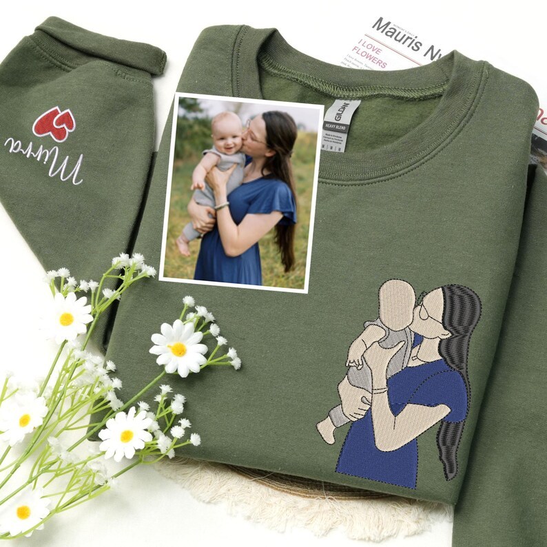 Custom Embroidered Photo Portrait Hoodie/Sweatshirt for Mom – Upload Your Precious Photo of Mom & Kids