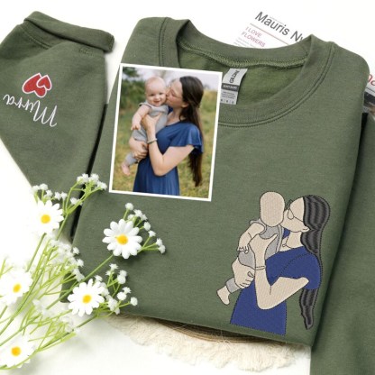 Custom Embroidered Photo Portrait Hoodie/Sweatshirt for Mom – Upload Your Precious Photo of Mom & Kids