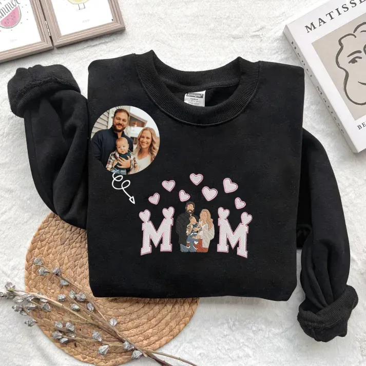 Embroidered Family Portrait Shirt, Personalized Mom Embroidered Sweatshirt, Mother's Day Gift, Custom Mom Shirt, Gift for Wifey