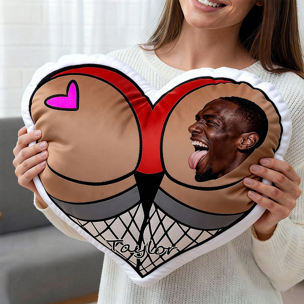 Customized Couple Photo Pillow – Red Heart-Shaped Personalized Fishnet Stocking Pillow, The Perfect Valentine's Day Gift.