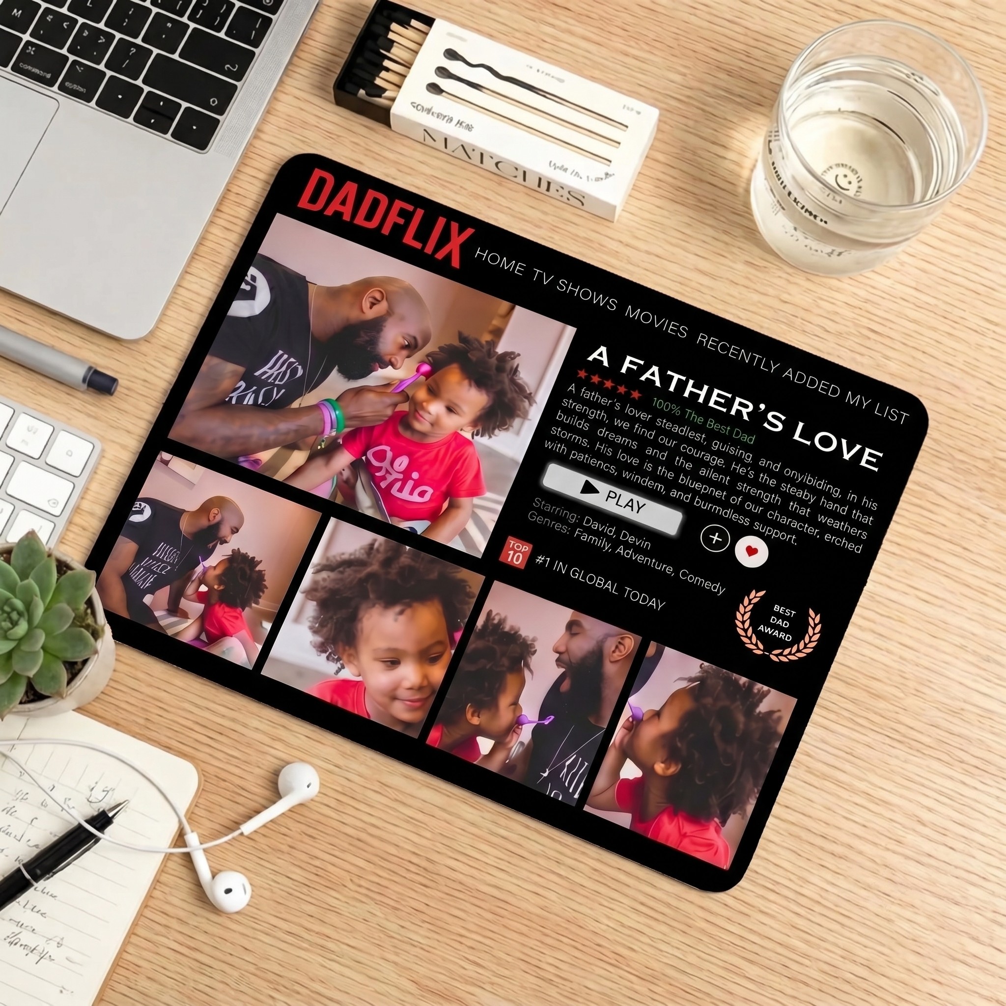 Custom DADFLIX A Father's Love Mouse Pad for Dad - Personalized Streaming Service Desk Mat with Multiple Photos & Text - Funny Father's Day Gift 