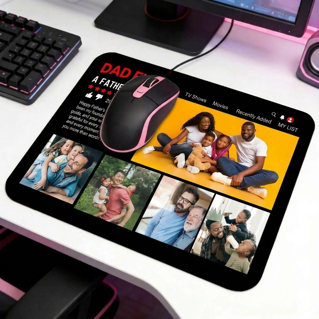 Custom DAD FLIX A Father's Love - Personalized Streaming Service Desk Mat with Multiple Photos & Text - Funny Father's Day Gift 