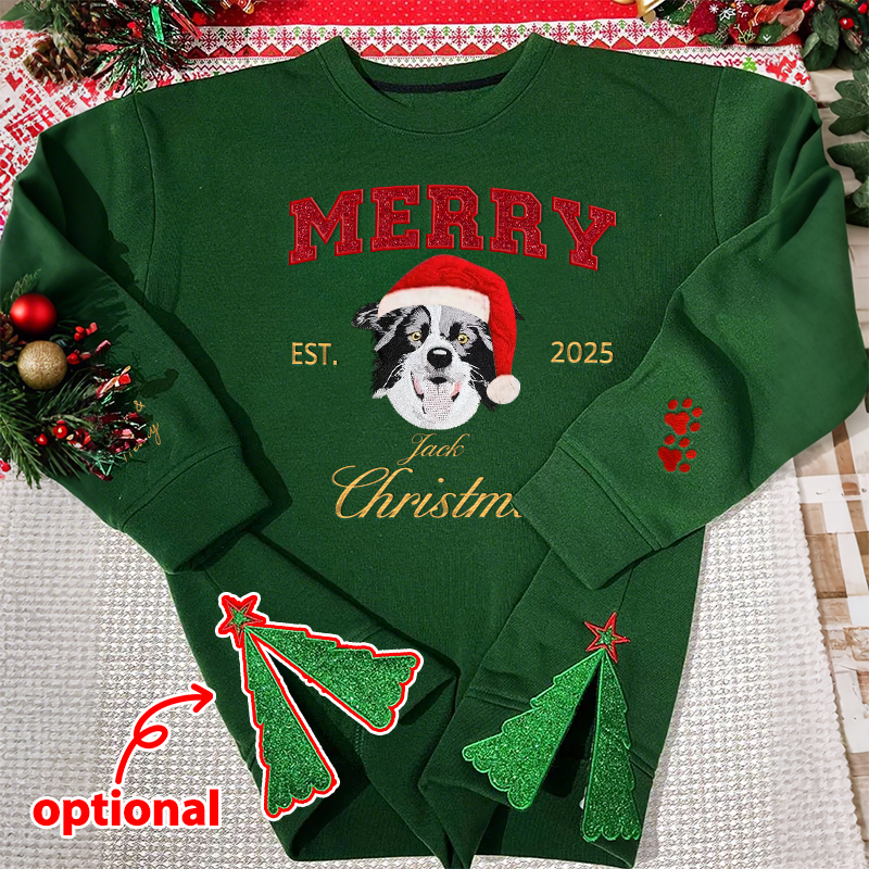 Custom Sequined Christmas Merry Christmas Embroidered Pet Portrait Sweatshirt With Sequined Side Design