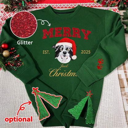 Custom Sequined Christmas Merry Christmas Embroidered Pet Portrait Sweatshirt With Sequined Side Design