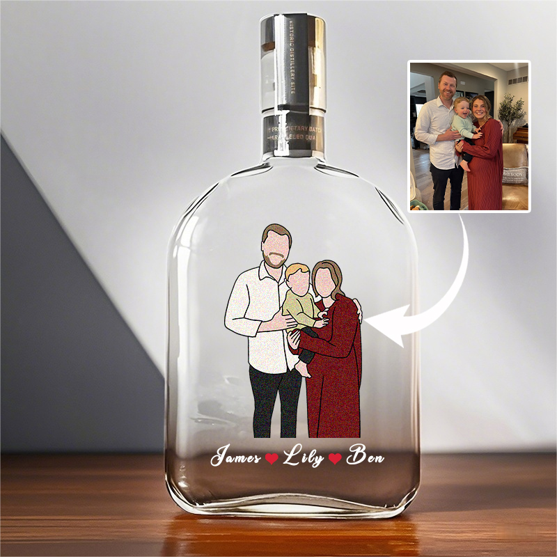 Custom Colored Portrait Whiskey Bottle, Family Portrait Design With Names, Best Gift For Father's Day