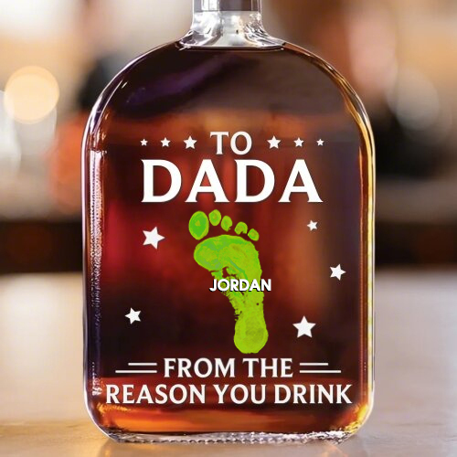 To My First And Forever Hero - Footprints With Child's Name - Whiskey Bottle For Dad And Grandpa On Father's Day