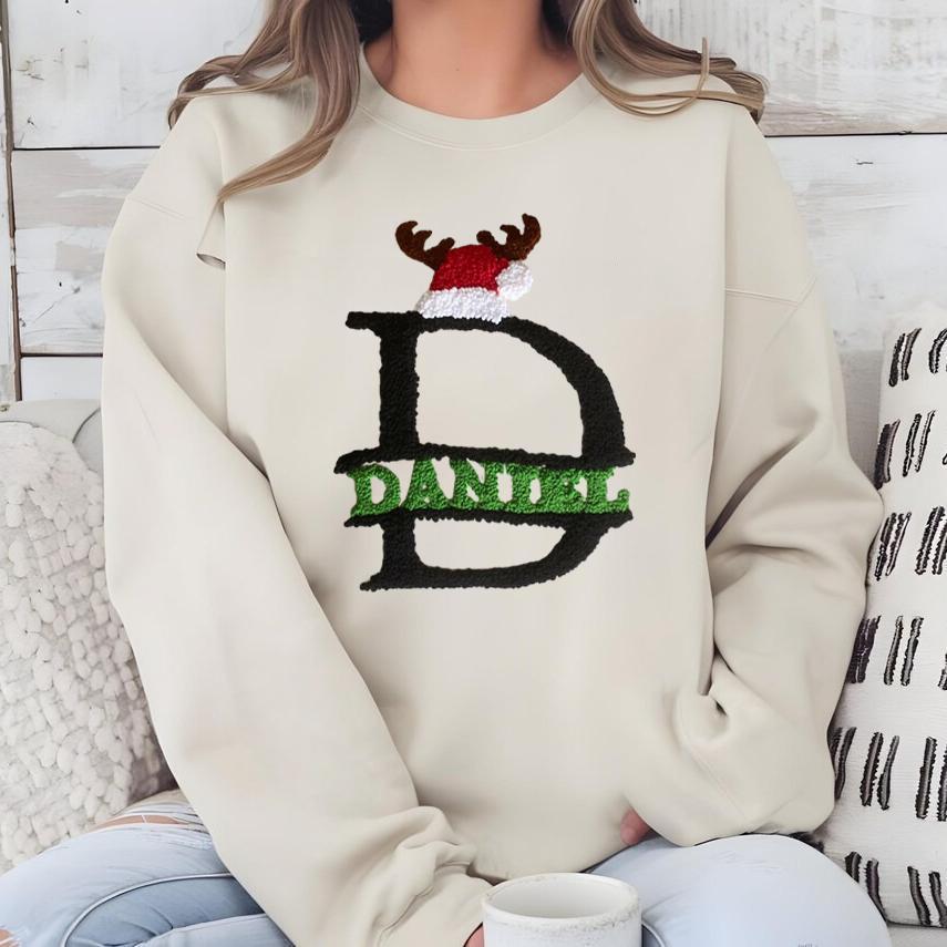 Custom Punch Needle Embroidered Christmas Initials Sweatshirt, Name Can Be Added.