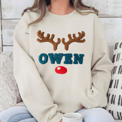 Custom Name Sweatshirt With Punch Needle Embroidered Christmas Antlers