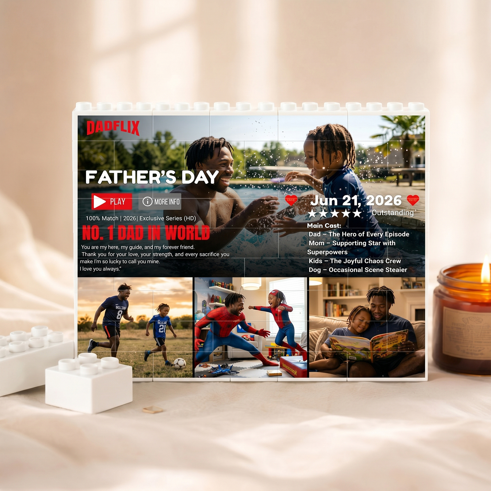 Personalized Dadflix King of Dads Building Blocks - Custom Photo Collage Bricks for Dad - Father's Day Gift
