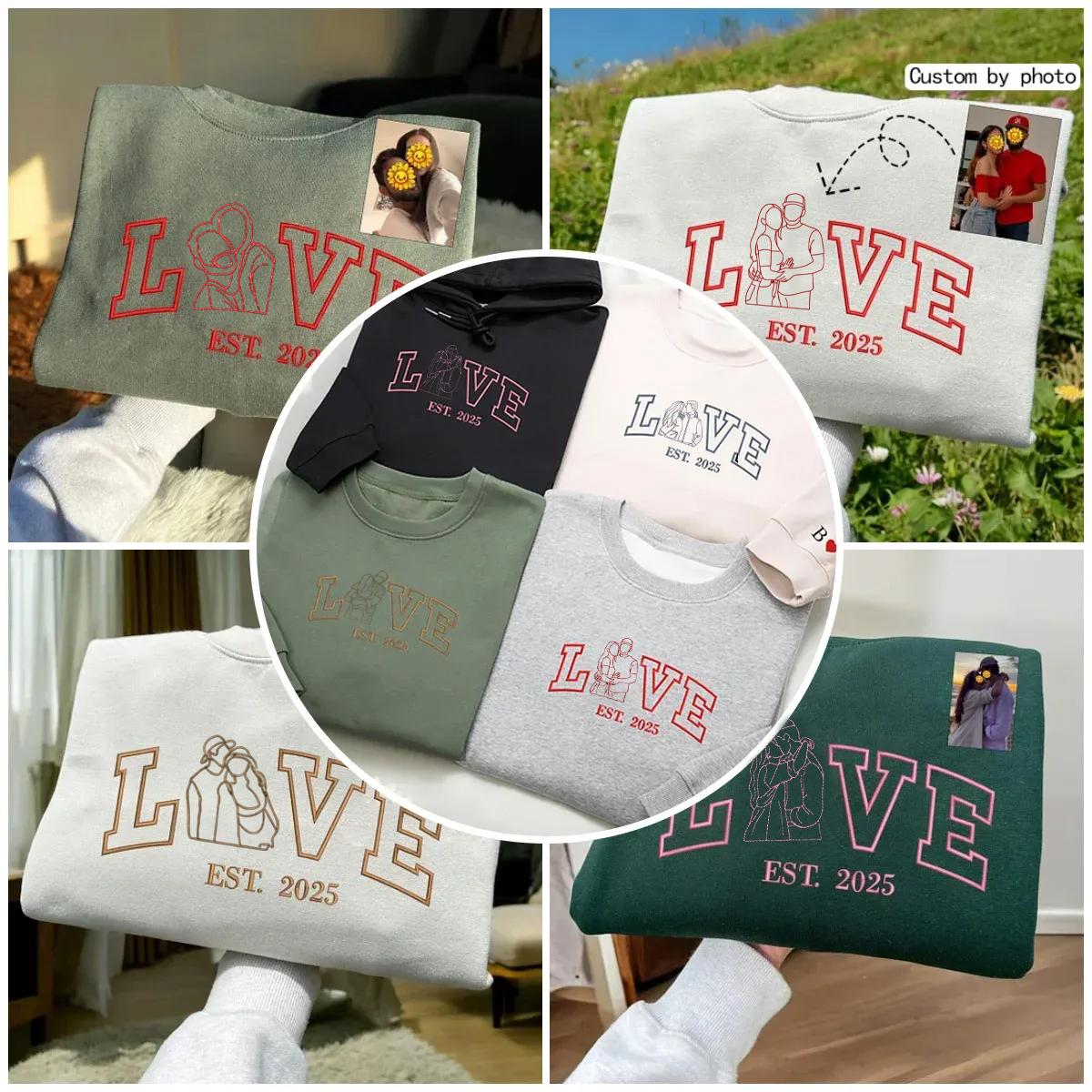 Custom Embroidered Outline Photo Couple LOVE Est Year Sweatshirt/Hoodie/T-shirt