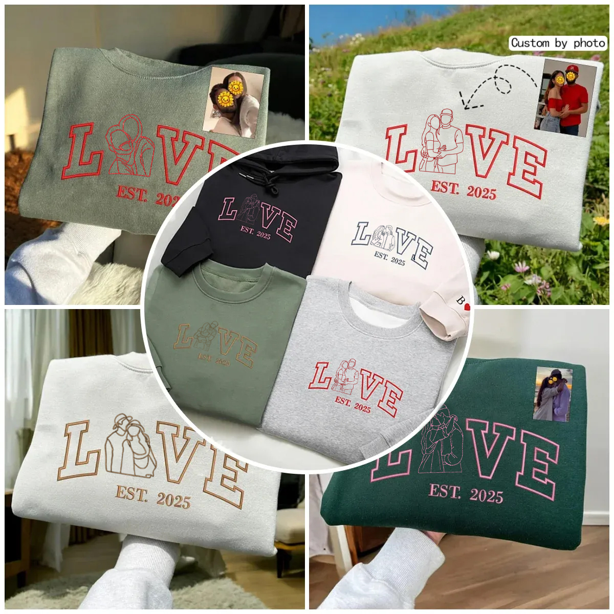 Custom Embroidered Outline Photo Couple LOVE Est Year Sweatshirt/Hoodie/T-shirt
