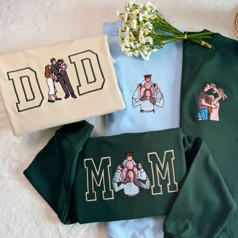 Custom Mom Dad Photo Embroidery sweatshirt, Custom Varsity Embroidered T-shirt, Gift For Mom, Dad