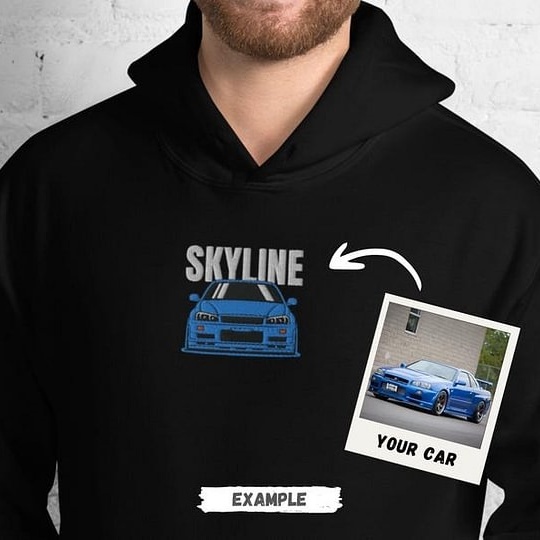 Embroidered CUSTOM Car Hoodie and T-Shirt of Your Car-Gift Idea for Petrolheads