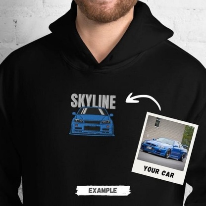 Embroidered CUSTOM Car Hoodie and T-Shirt of Your Car-Gift Idea for Petrolheads