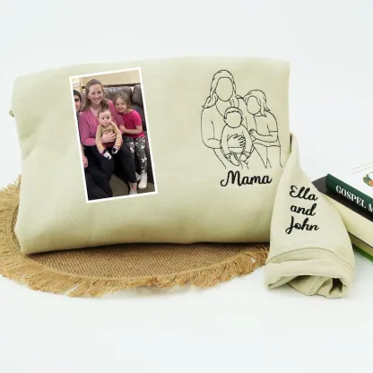 Custom Embroidered Photo Portrait Hoodie/Sweatshirt for Mom – Upload Your Precious Photo of Mom & Kids