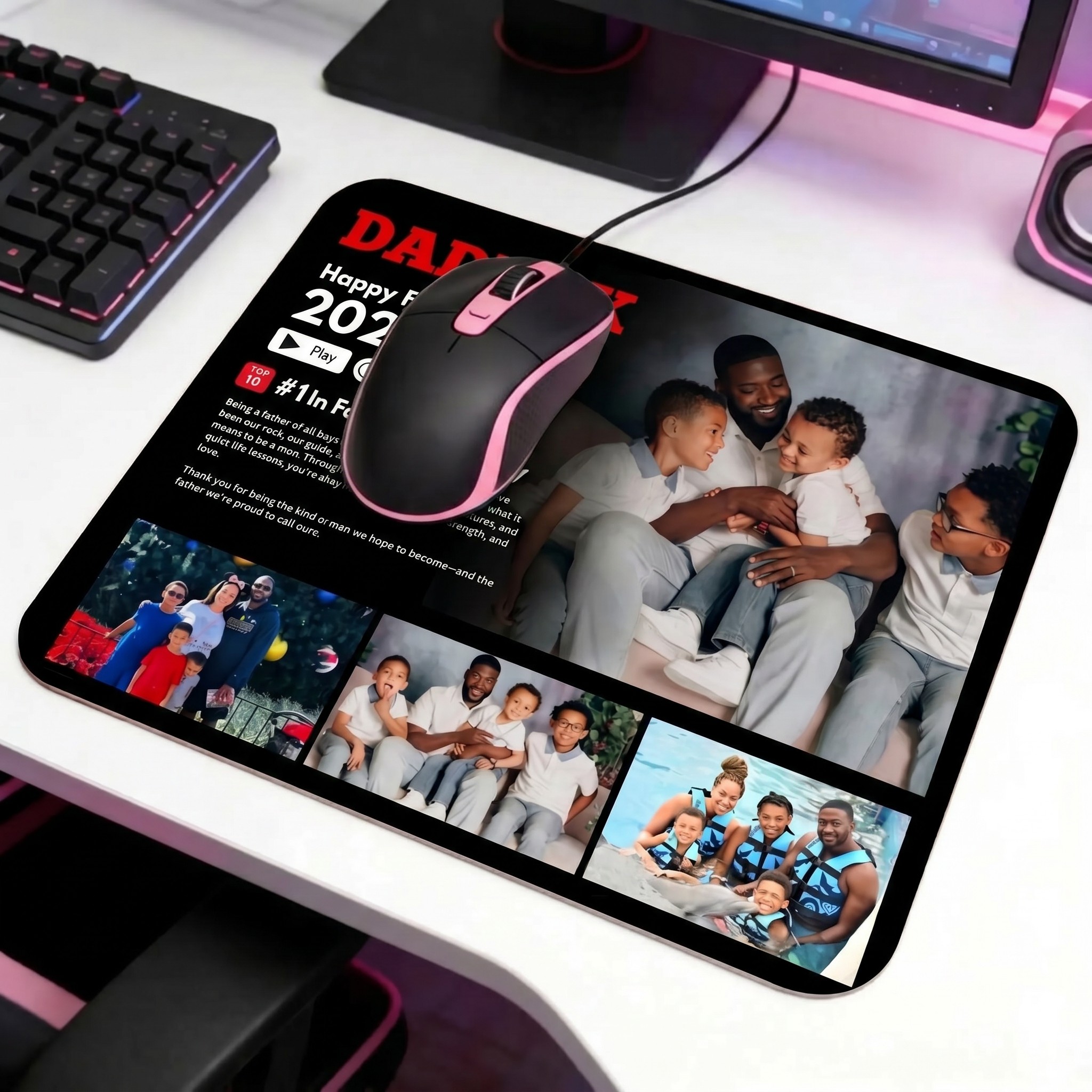Custom DADFLIX Happy Father's Day 2026 Mouse Pad for Dad - Personalized Streaming Service Desk Mat with Multiple Photos & Text - Funny Father's Day Gift 