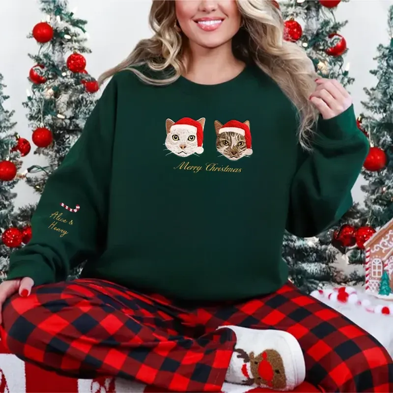 Custom Embroidered Pet Portrait Christmas Sweatshirt Hoodie T-shirt Christmas Gift
