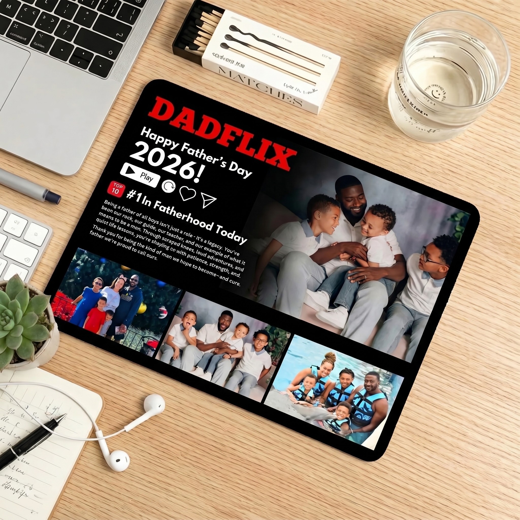 Custom DADFLIX Happy Father's Day 2026 Mouse Pad for Dad - Personalized Streaming Service Desk Mat with Multiple Photos & Text - Funny Father's Day Gift 