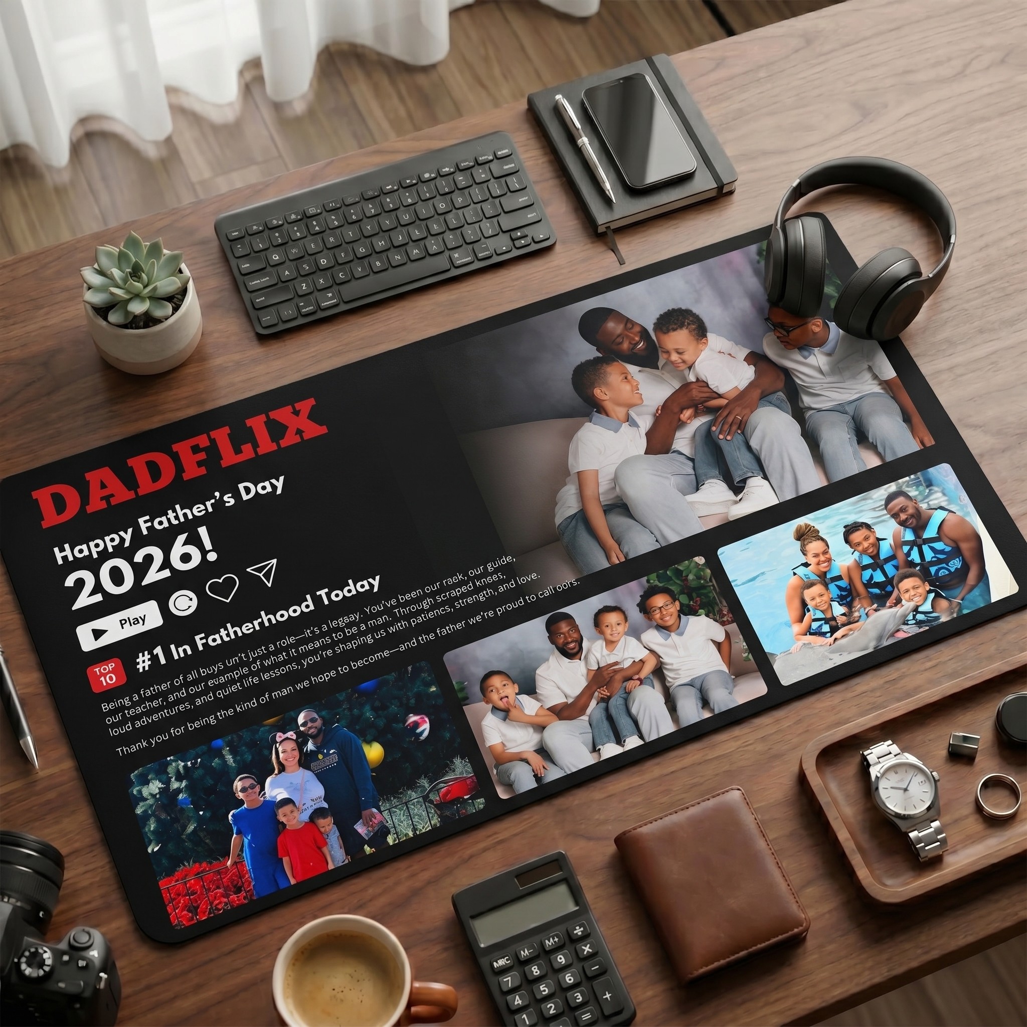 Custom DADFLIX Happy Father's Day 2026 Mouse Pad for Dad - Personalized Streaming Service Desk Mat with Multiple Photos & Text - Funny Father's Day Gift 