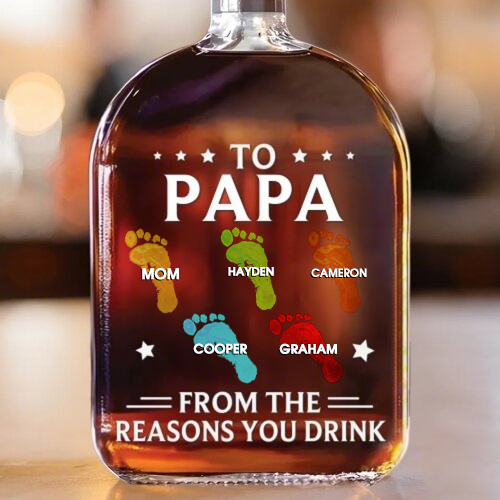 To My First And Forever Hero - Footprints With Child's Name - Whiskey Bottle For Dad And Grandpa On Father's Day