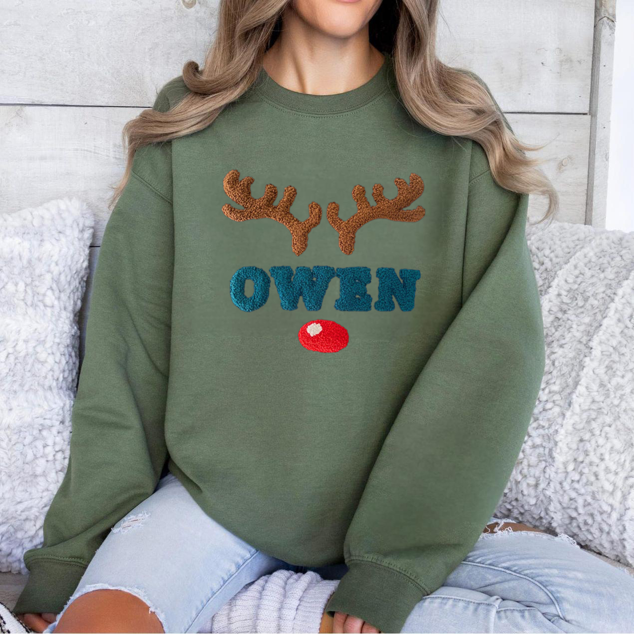 Custom Name Sweatshirt With Punch Needle Embroidered Christmas Antlers