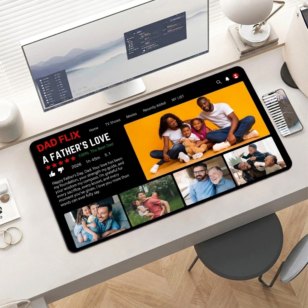 Custom DAD FLIX A Father's Love - Personalized Streaming Service Desk Mat with Multiple Photos & Text - Funny Father's Day Gift 
