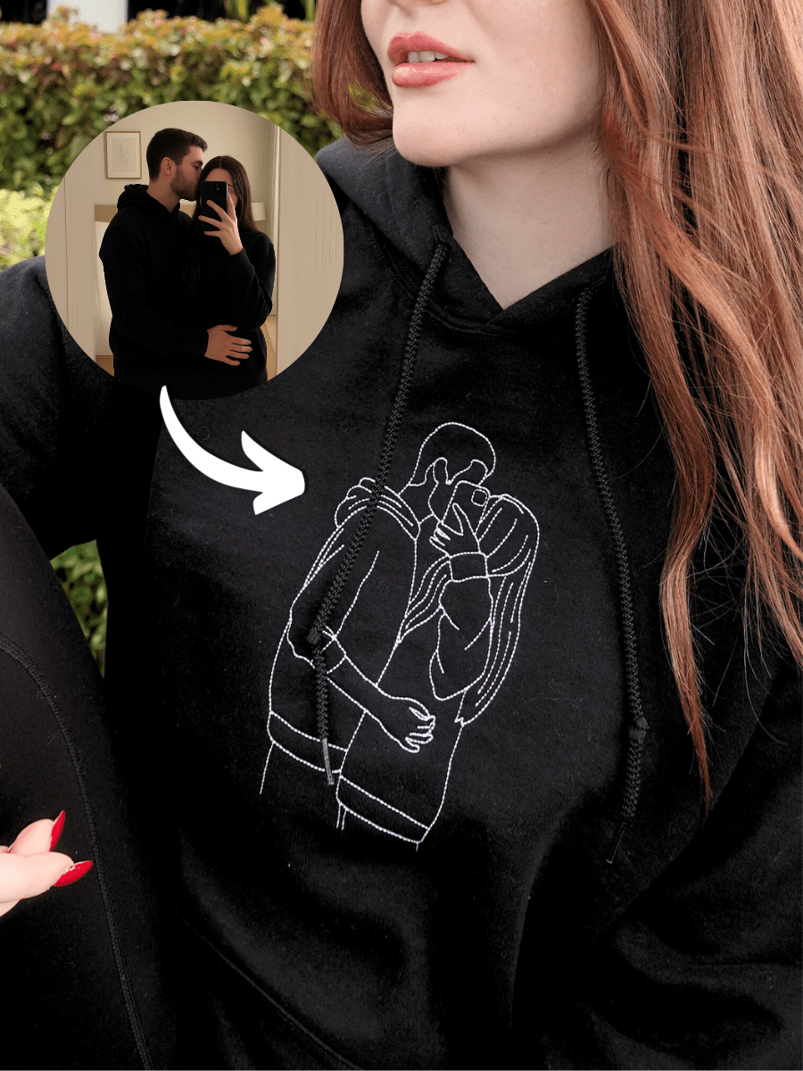 Custom Couples Portrait Outline Embroidery Hoodie