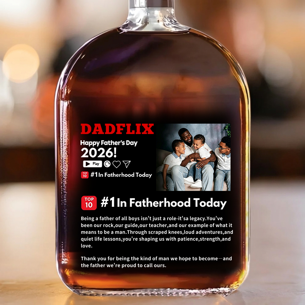 Custom DADFLIX Happy Father's Day Poster Whiskey Bottle - Family Personalized Custom Whiskey Bottle - Father's Day, Gift For Dad, Grandpa