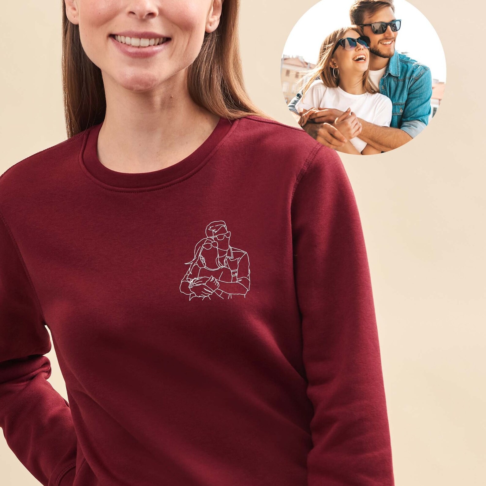 Custom Embroidered Line Drawing Portrait T-shirt & Sweatshirt - Personalized Photo Embroidery, Perfect Gift for Father's Day & Mother's Day, Unisex Custom Apparel