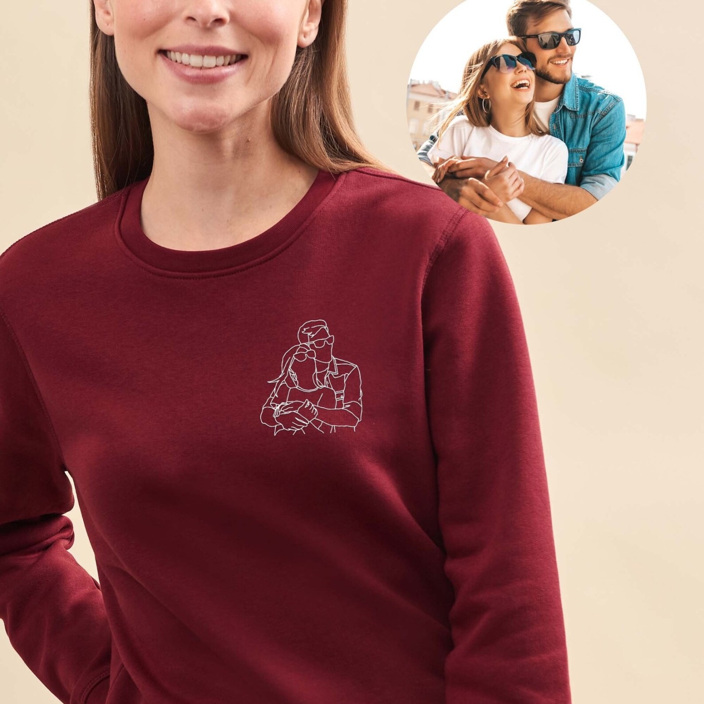 Custom Embroidered Line Drawing Portrait T-shirt & Sweatshirt - Personalized Photo Embroidery, Perfect Gift for Father's Day & Mother's Day, Unisex Custom Apparel