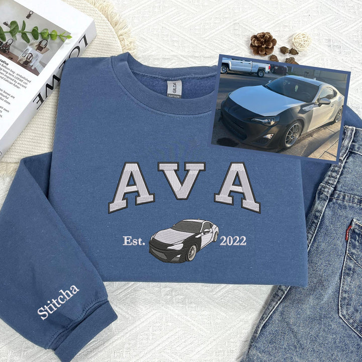 Personalized Sweatshirt Embroidered Car Photo Line Design Custom Name Attractive Gift for Car Lovers
