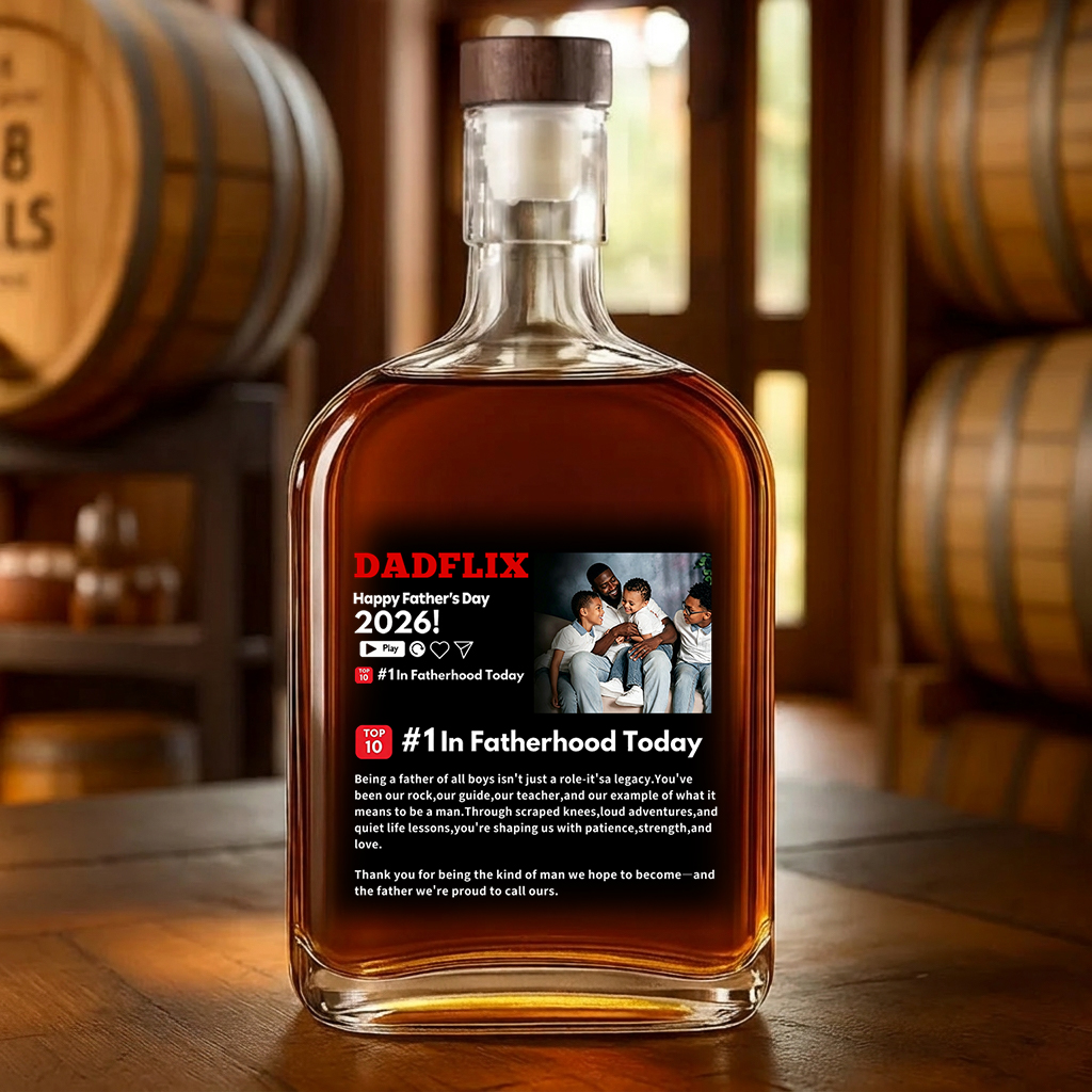 Custom DADFLIX Happy Father's Day Poster Whiskey Bottle - Family Personalized Custom Whiskey Bottle - Father's Day, Gift For Dad, Grandpa