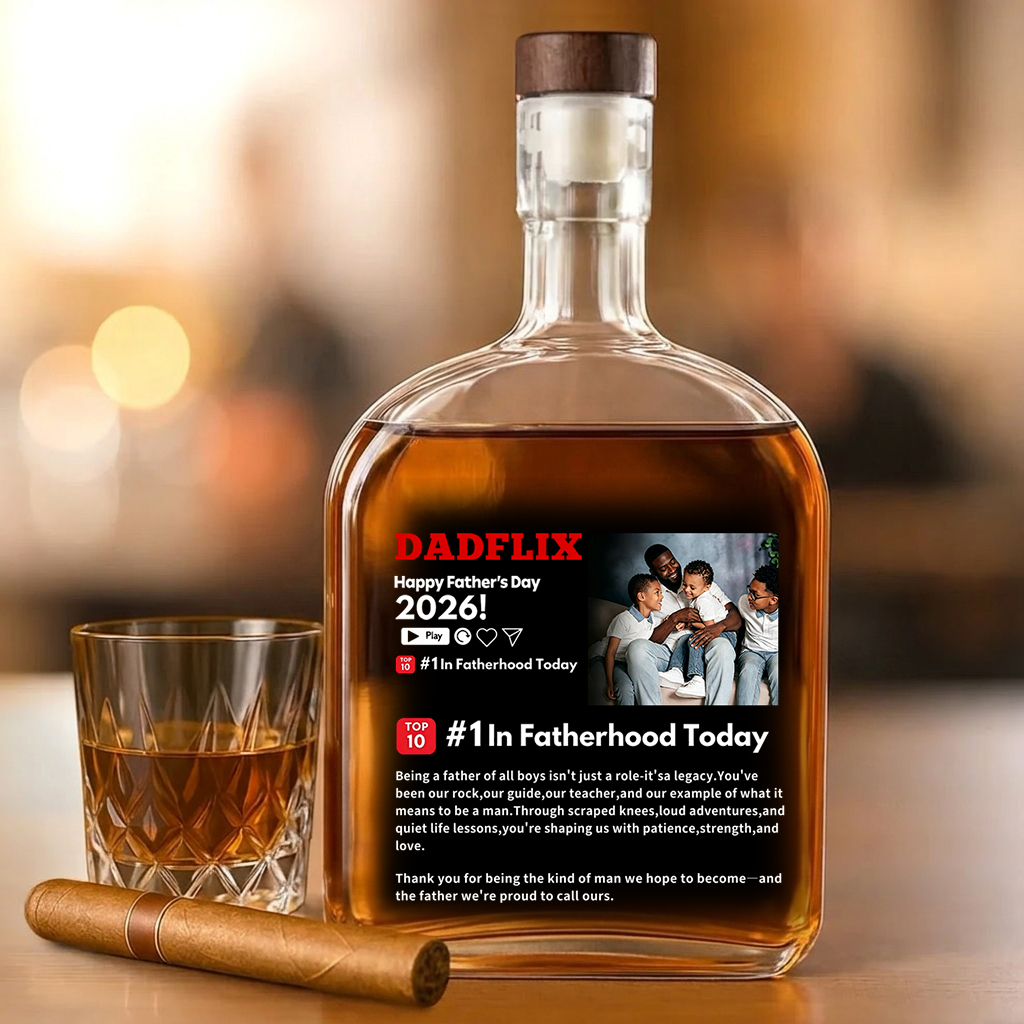 Custom DADFLIX Happy Father's Day Poster Whiskey Bottle - Family Personalized Custom Whiskey Bottle - Father's Day, Gift For Dad, Grandpa