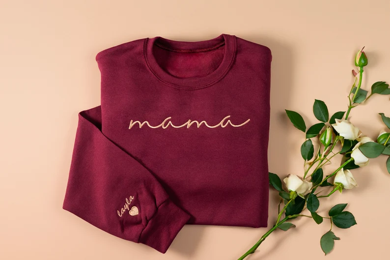 Embroidered custom Mama Sweatshirt - Kid Names on Sleeve -Perfect for Mothers Day, Birthday, New Mom