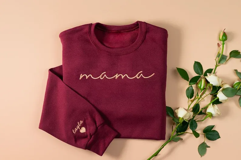 Embroidered custom Mama Sweatshirt - Kid Names on Sleeve -Perfect for Mothers Day, Birthday, New Mom