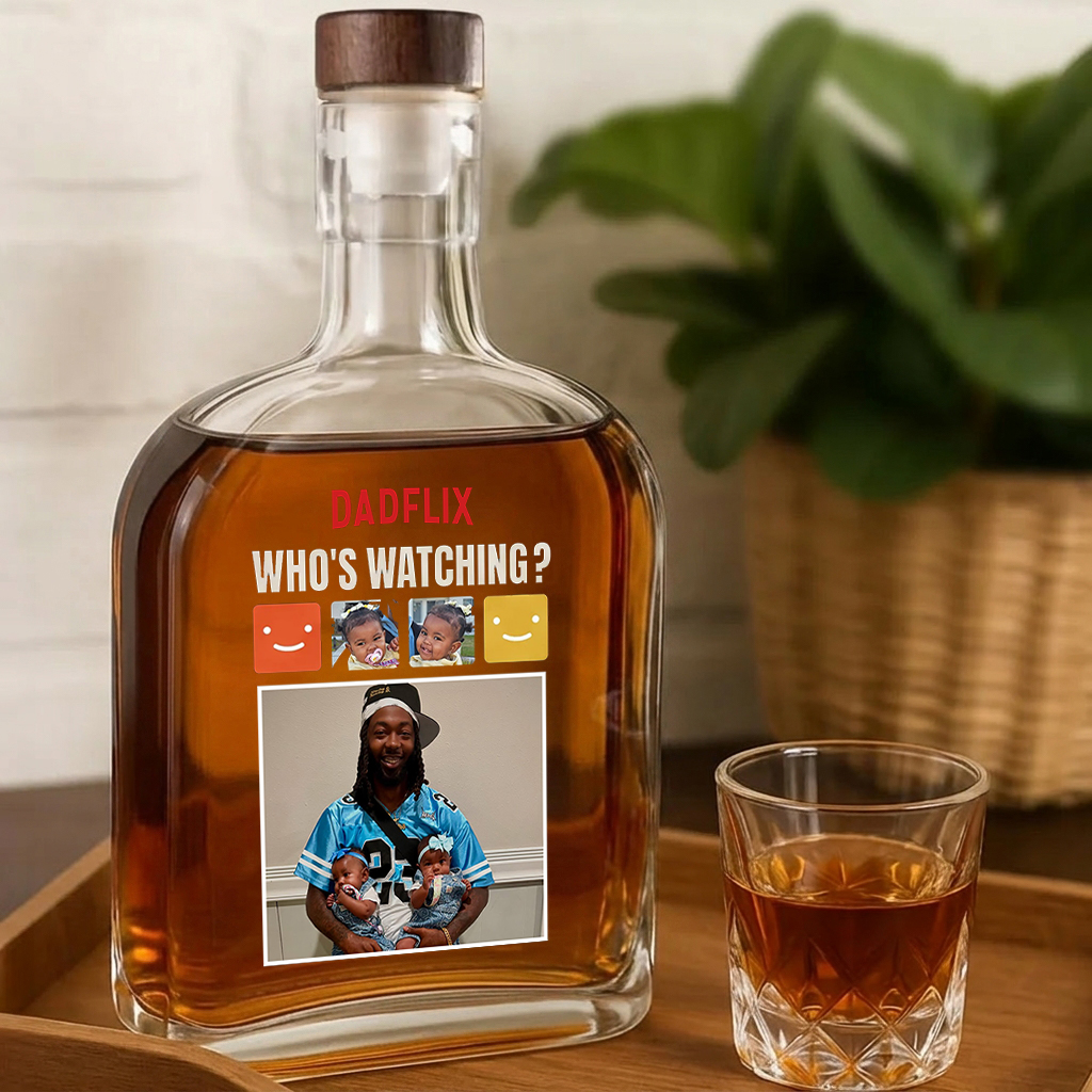 Custom DADFLIX Who Is Watching Whiskey Bottle - Family Personalized Custom Whiskey Bottle - Father's Day, Gift For Dad, Grandpa