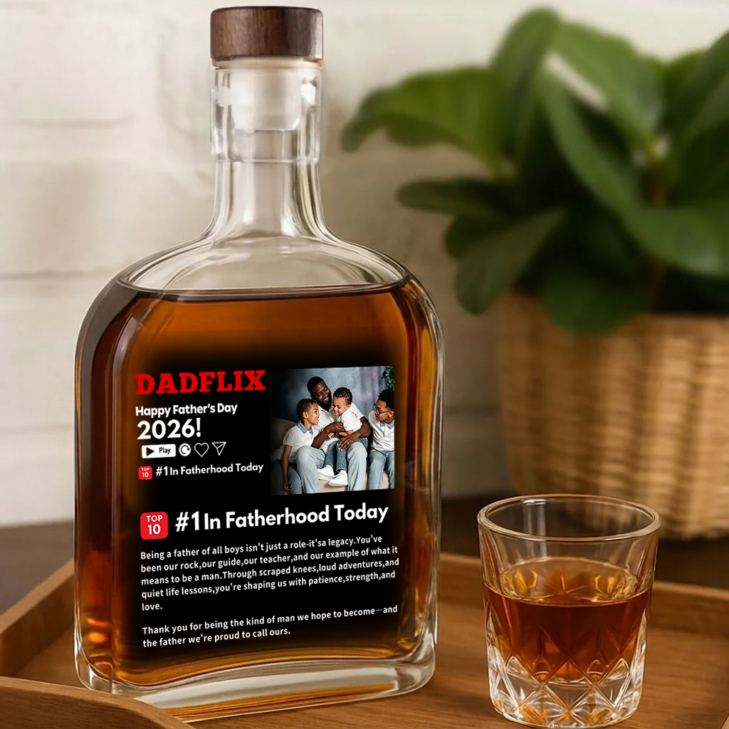 Custom DADFLIX Happy Father's Day Poster Whiskey Bottle - Family Personalized Custom Whiskey Bottle - Father's Day, Gift For Dad, Grandpa