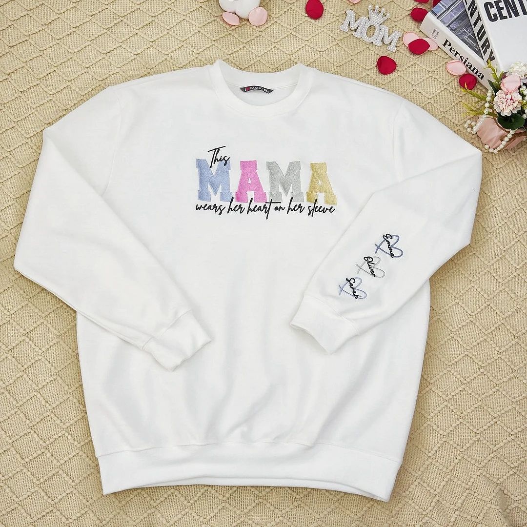 Personalized Heart On Sleeve Embroidered Sweatshirt-A Thoughtful Gift For Mom & Grandma