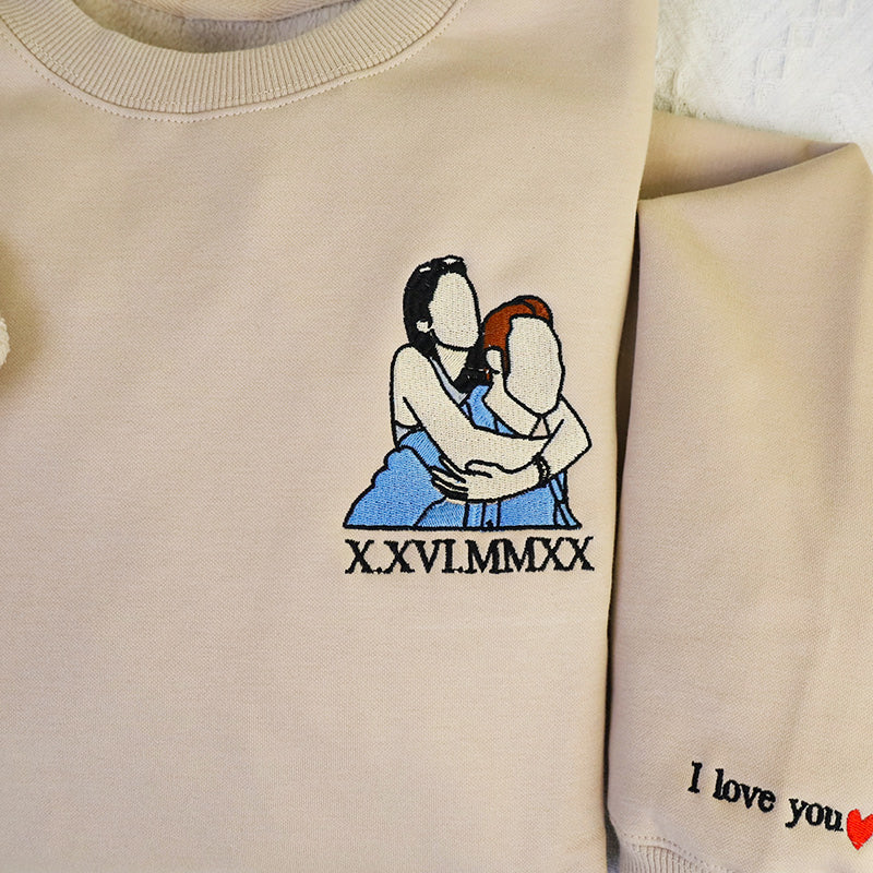 Custom Embroidered Sweatshirt Portrait - Personalized Couple Gift, Add Roman Numerals at the Bottom of Photo, Perfect Anniversary Gift