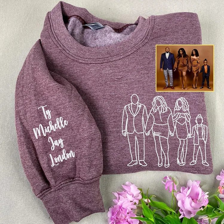 Custom Outline Embroidered Sweatshirt – Upload Your Special Moment Design, the Perfect Gift for Mom, Dad, Couples, and Family!