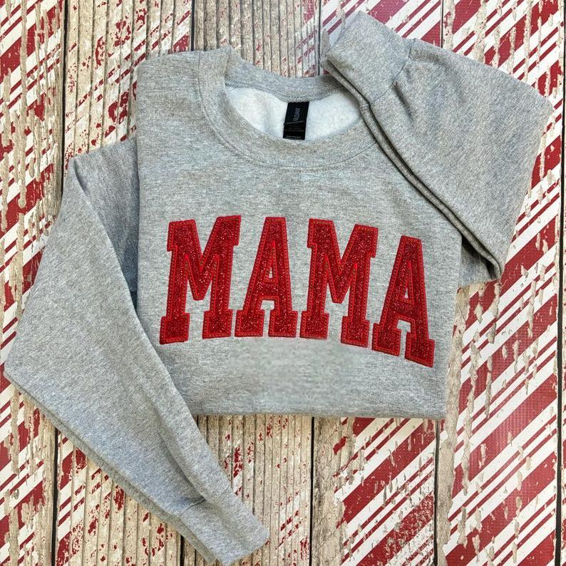 Embroidered Applique Glitter Mama Sweatshirt with Kids Names on Sleeve