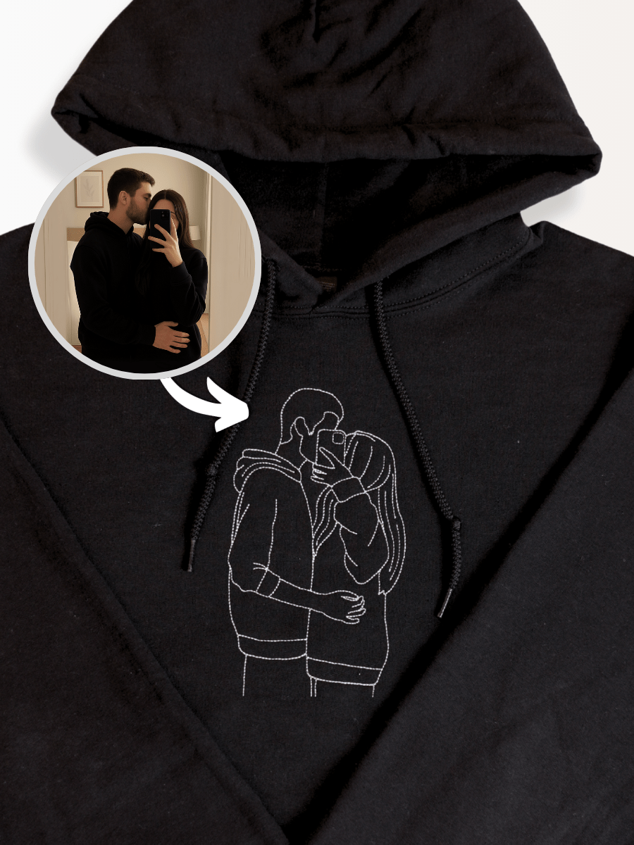 Custom Couples Portrait Outline Embroidery Hoodie