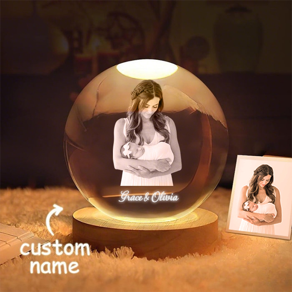 Customized Mother-Child Photo Crystal Ball Night Light, Freeze The Baby's First Day In The Mother's World