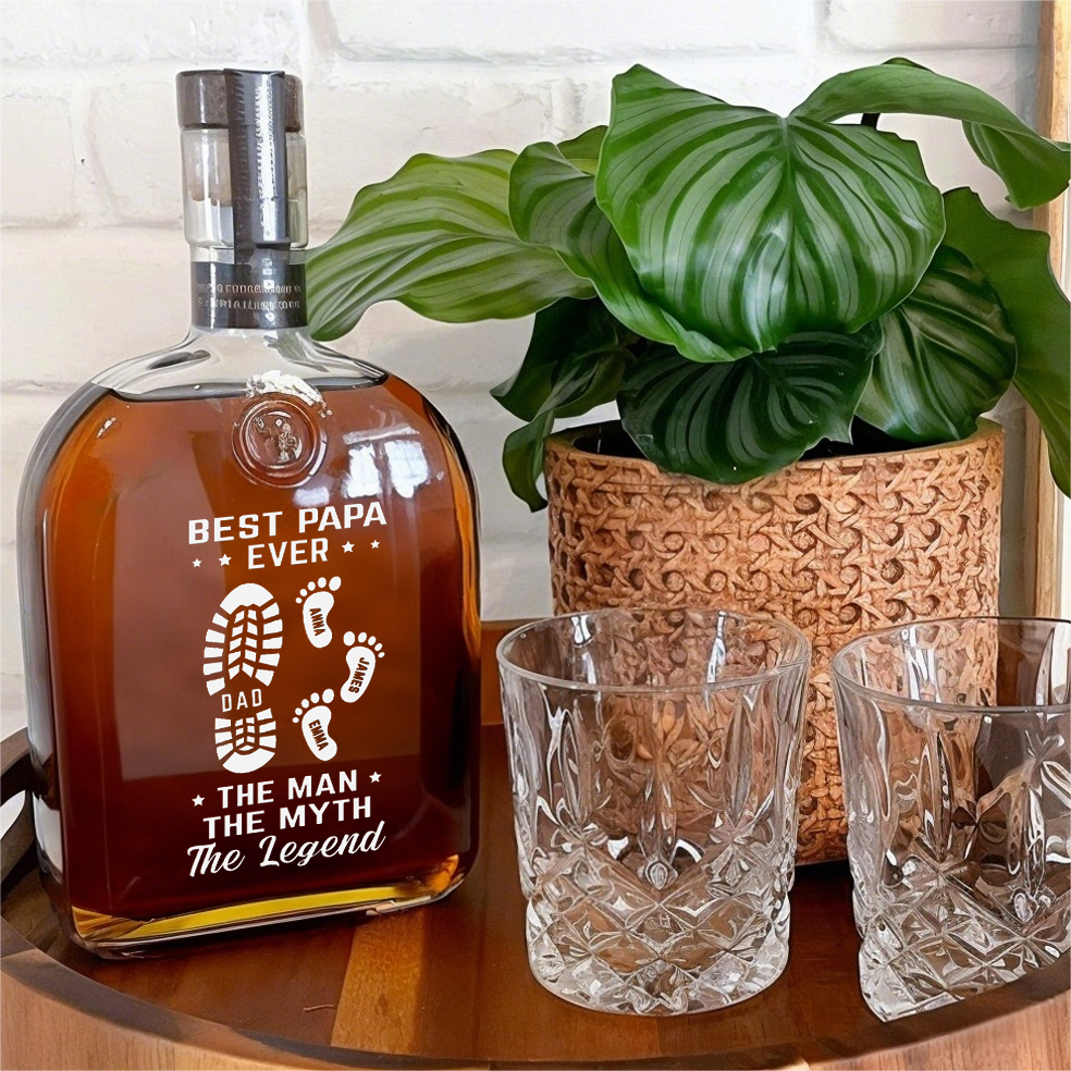 Custom Best Dad Ever Footprint Whiskey Bottle With Child's Name, Gift For Dad
