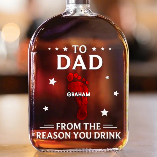 To My First And Forever Hero - Footprints With Child's Name - Whiskey Bottle For Dad And Grandpa On Father's Day
